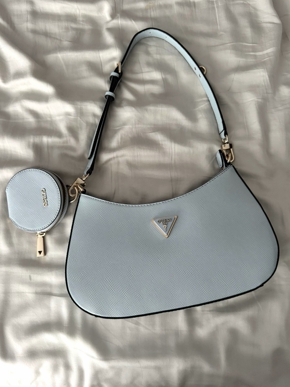 Guess Light Blue Saffiano Leather Shoulder Bag with Coin Pouch and Gold Hardware